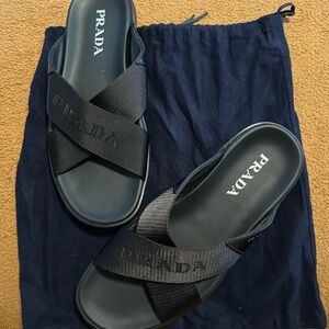 Men’s crisscross Prada slides